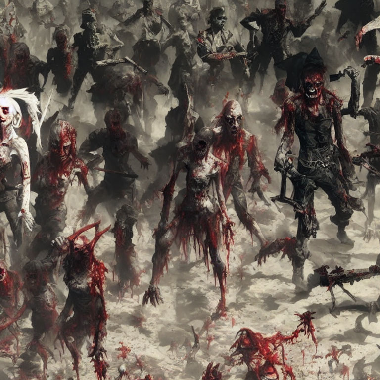 Gruesome bloodstained zombies with decaying flesh in a menacing advance