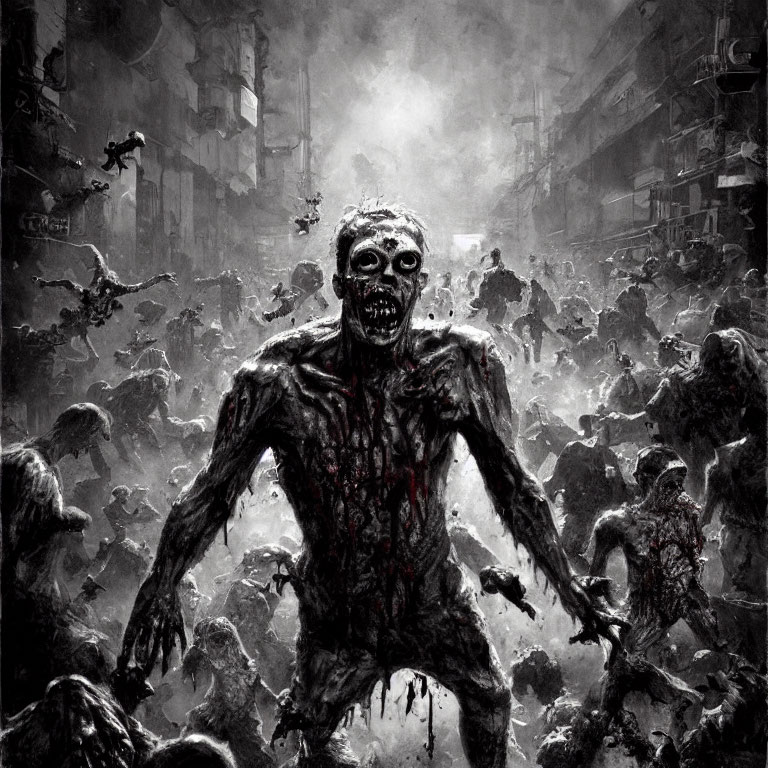 Horde of zombies in dystopian urban setting with dominant, bloodied zombie.