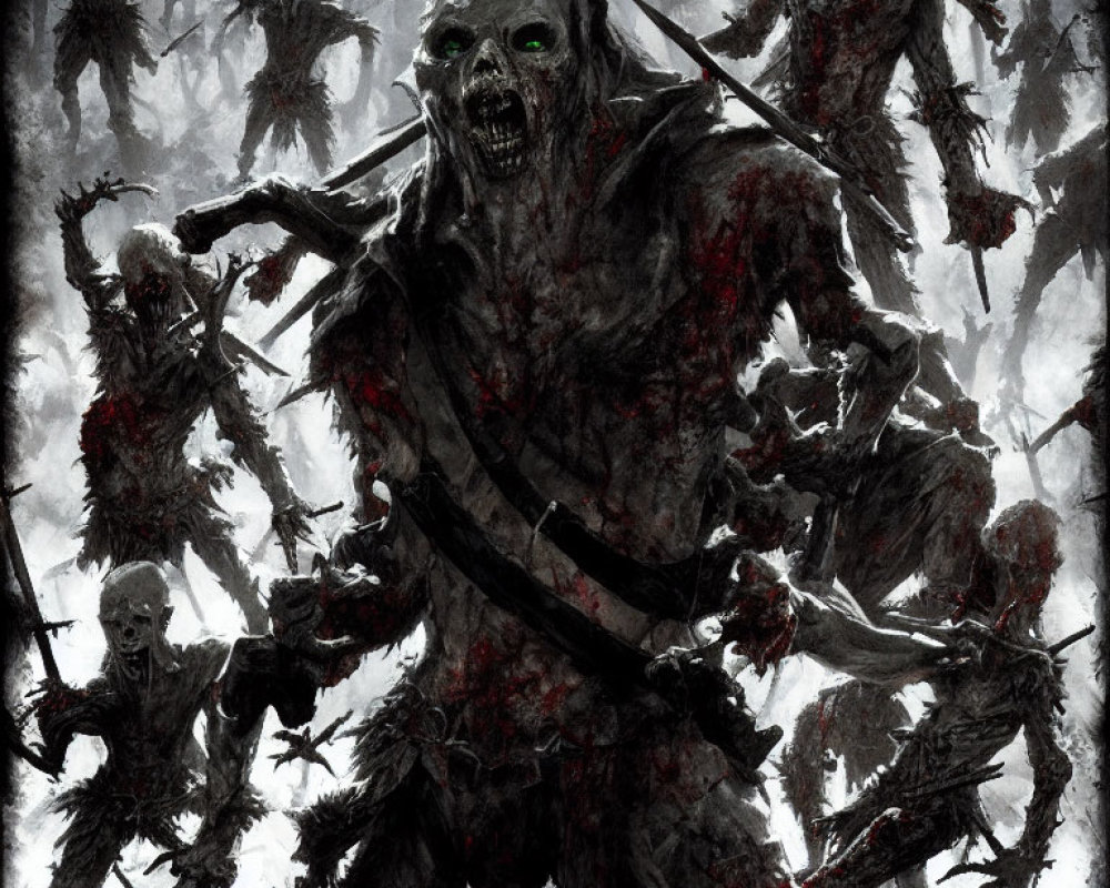 Dark-toned artwork featuring a horde of zombies led by a glowing-eyed figure