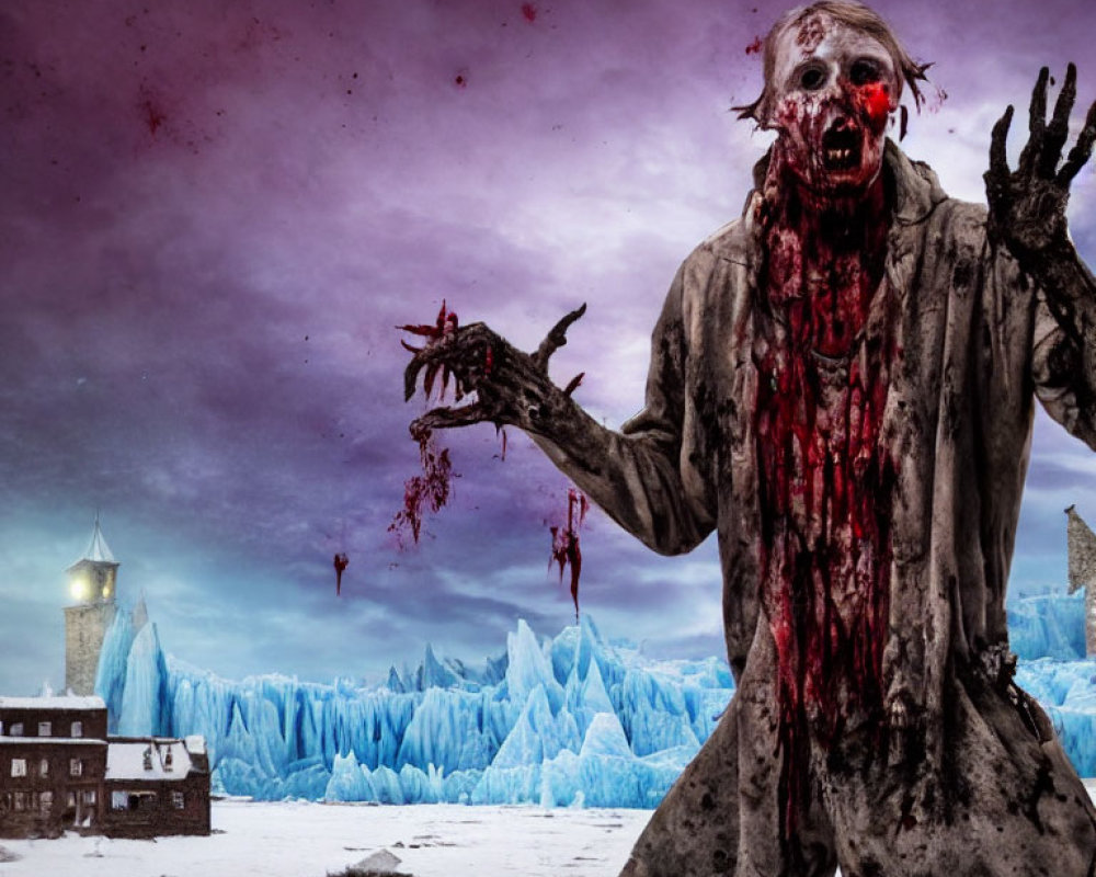 Blood-covered zombie in torn clothing on spooky icy landscape