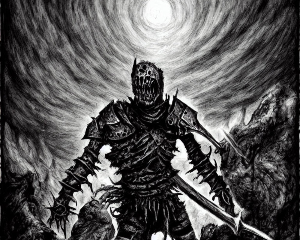 Monochrome drawing of armored knight under swirling sky