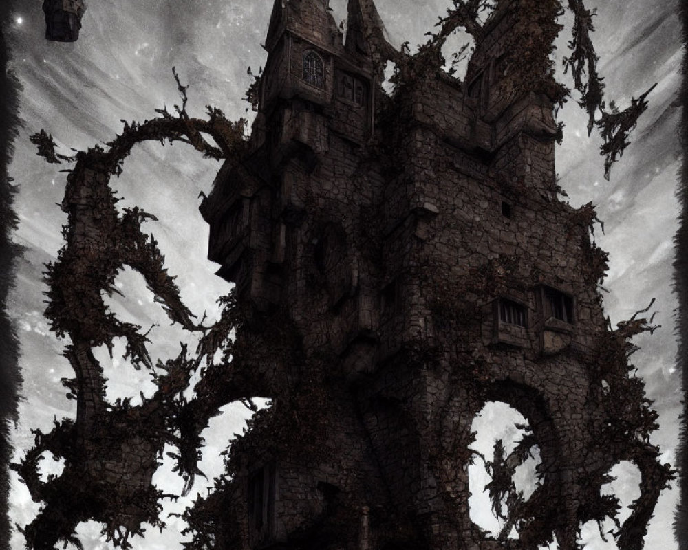 Gothic castle with twisted trees under cloudy sky and floating rocks