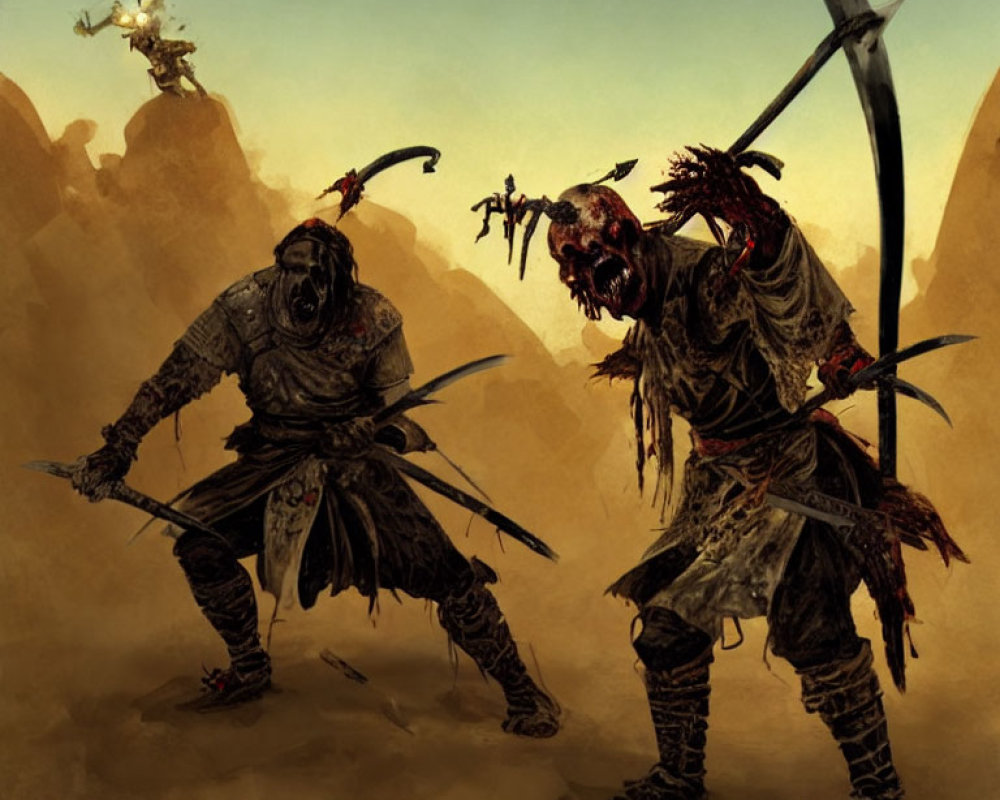 Fantasy warriors in desert landscape with sharp weapons and rugged armor