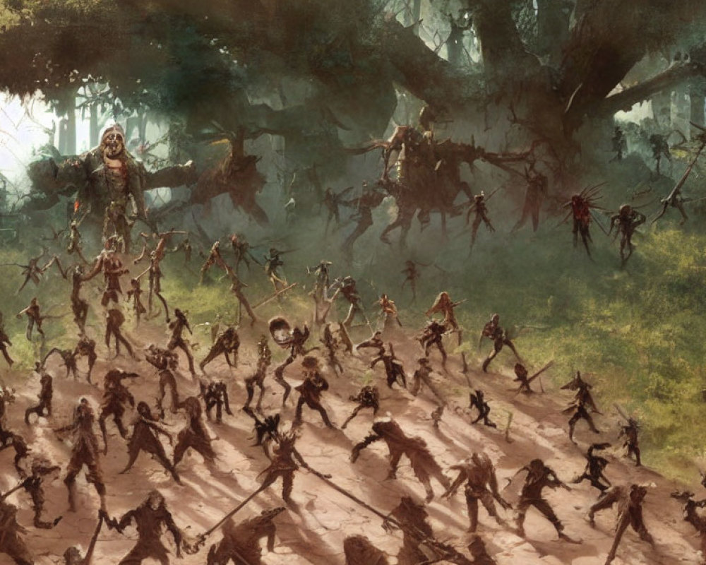 Skeletal warriors in misty forest led by cloaked figure