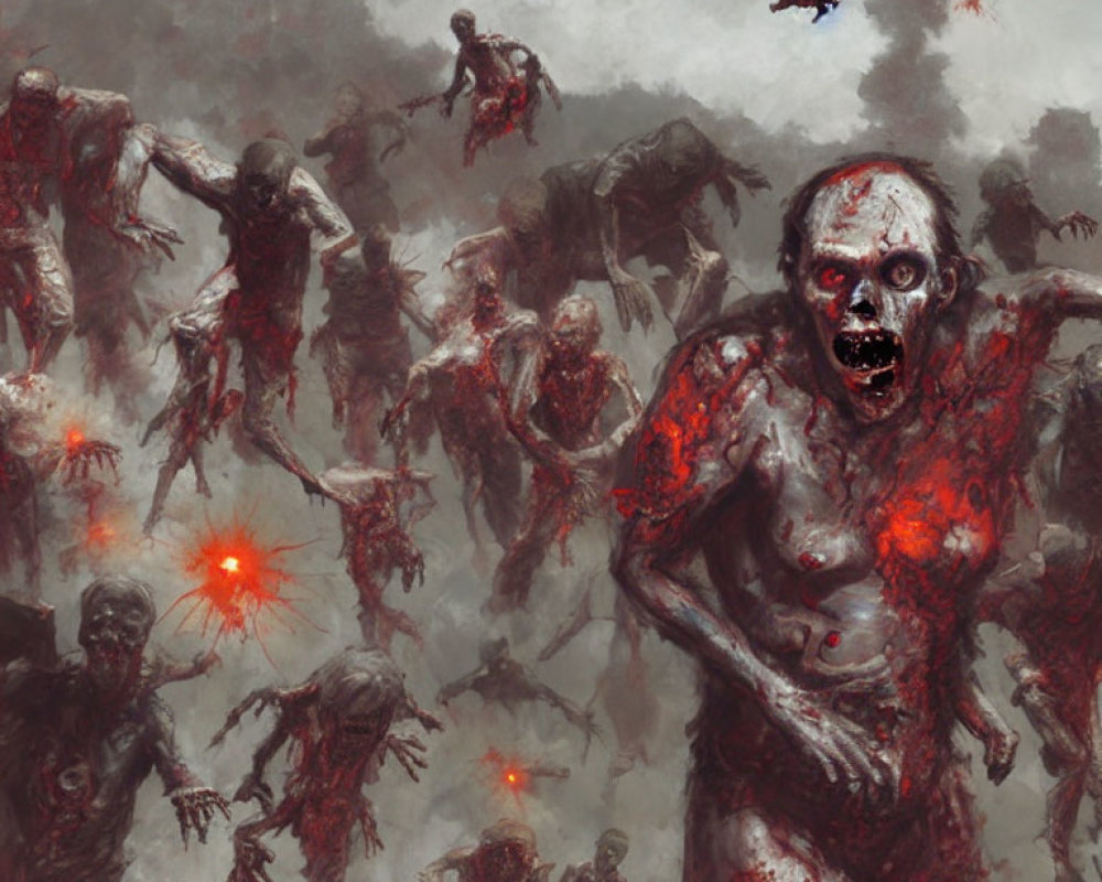 Glowing red-eyed zombies in foggy landscape
