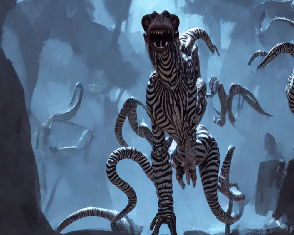Fantastical creature with zebra-striped tentacles in misty landscape