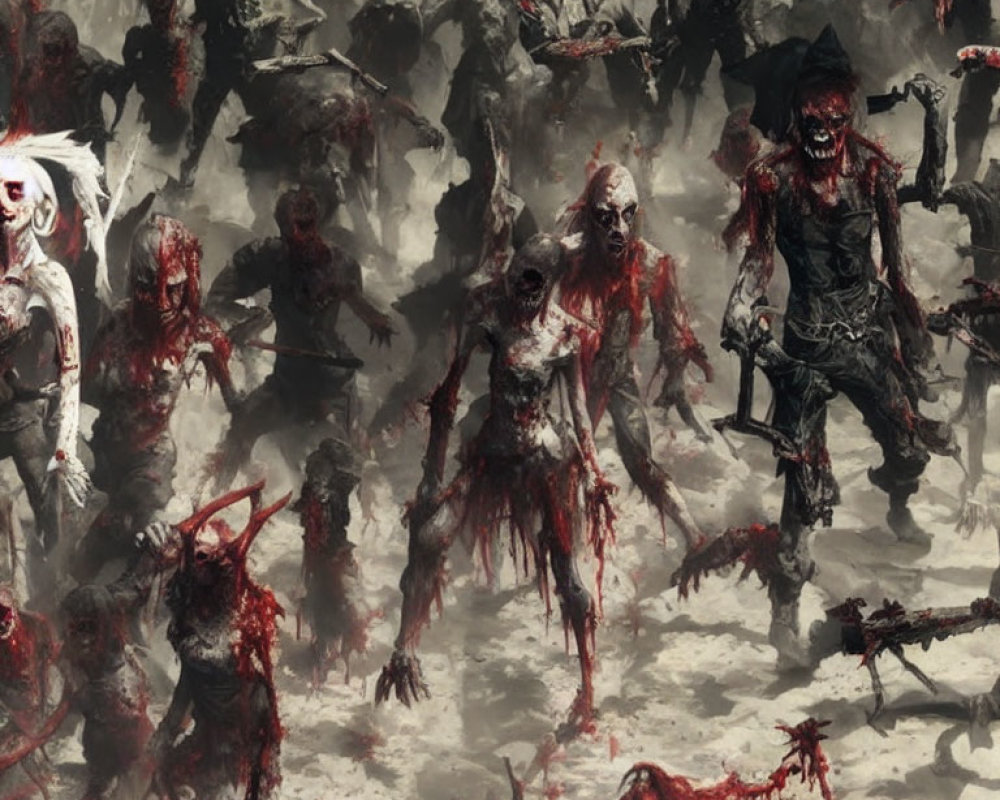 Gruesome bloodstained zombies with decaying flesh in a menacing advance