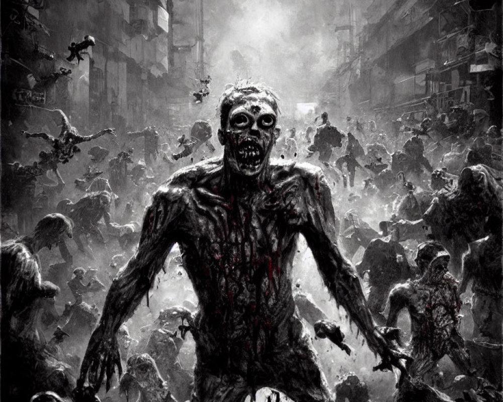 Horde of zombies in dystopian urban setting with dominant, bloodied zombie.