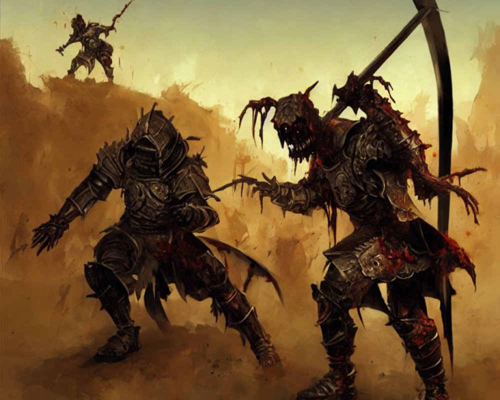 Armored warriors with demonic features in combat against a dusty backdrop