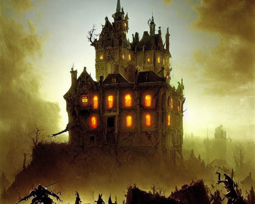 Eerie Gothic-style mansion in dark, foggy landscape