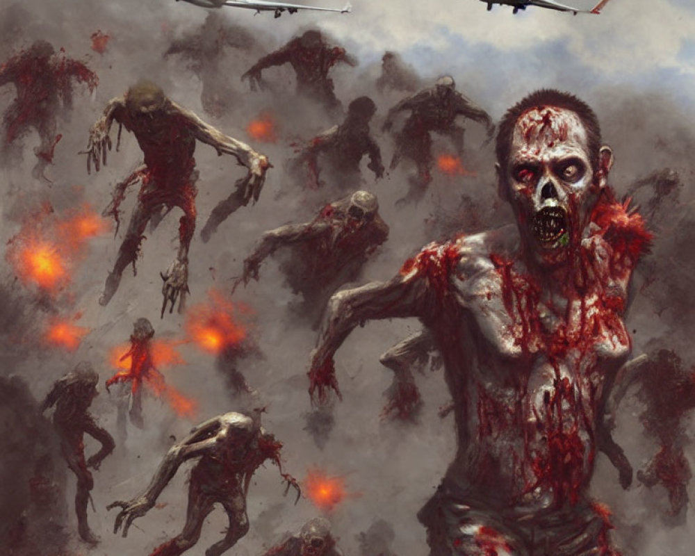 Apocalyptic scene with zombie-like creatures and glowing red spots under ominous planes