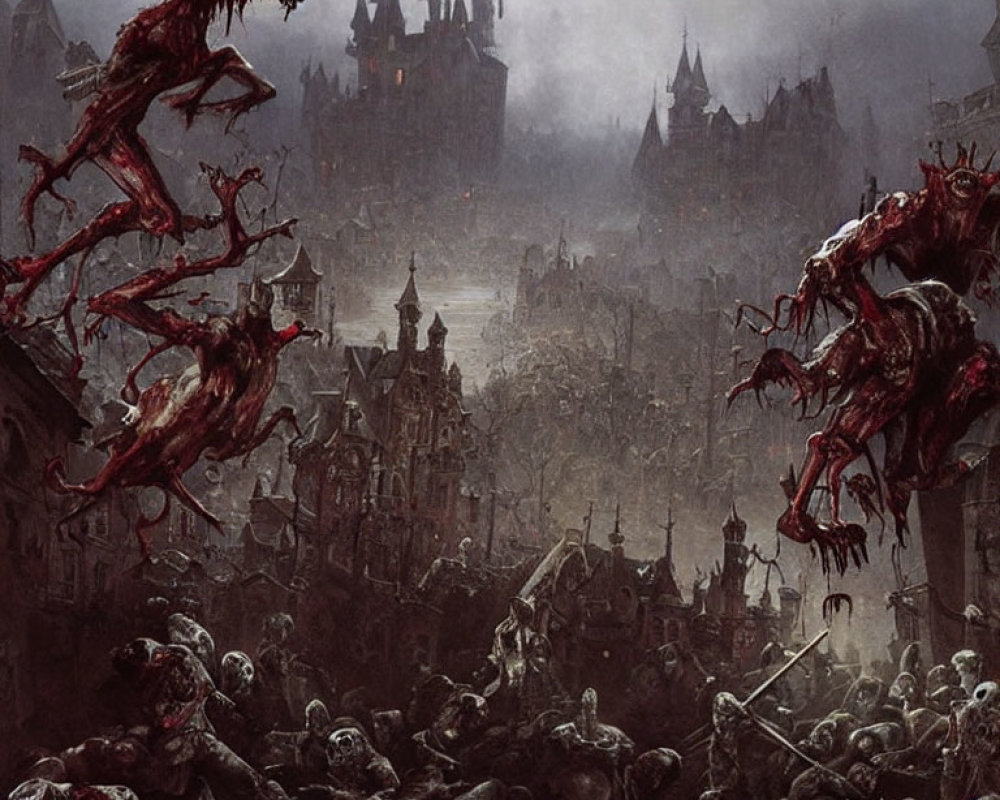 Menacing Gothic Cityscape with Zombies and Monsters