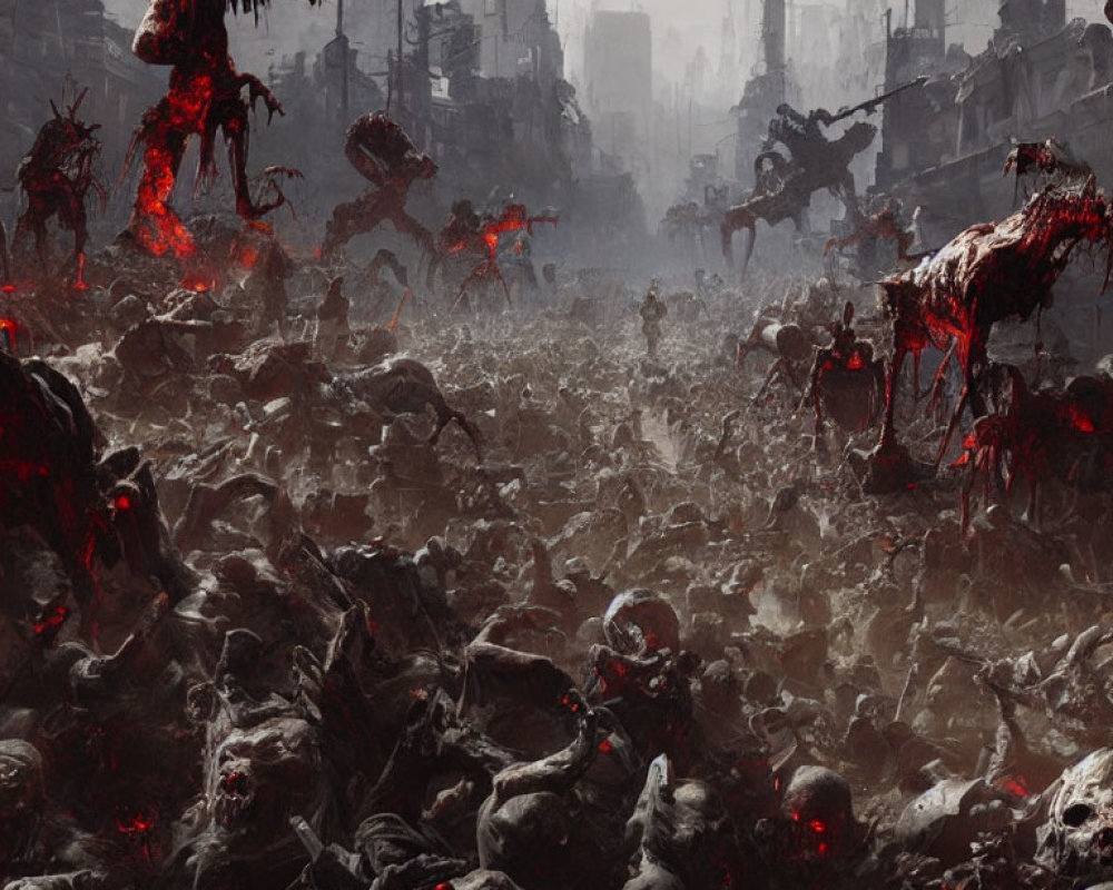 Post-apocalyptic cityscape overrun by hordes of gruesome zombies
