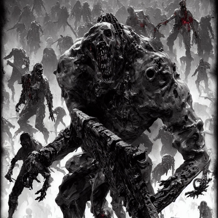 Monochromatic image of zombie horde with oversized figure