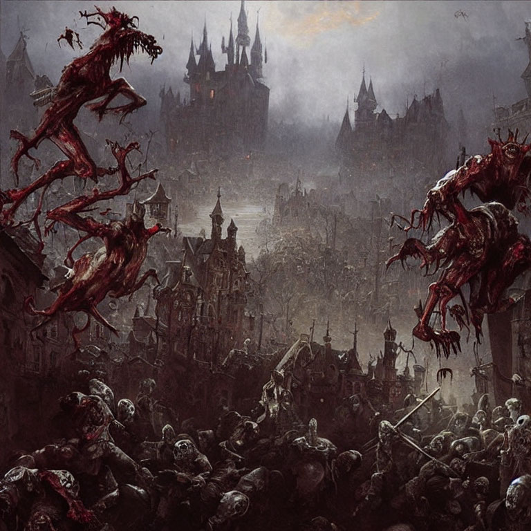 Menacing Gothic Cityscape with Zombies and Monsters
