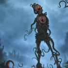 Red-eyed octopus creature in moonlit haunted forest with castle silhouette