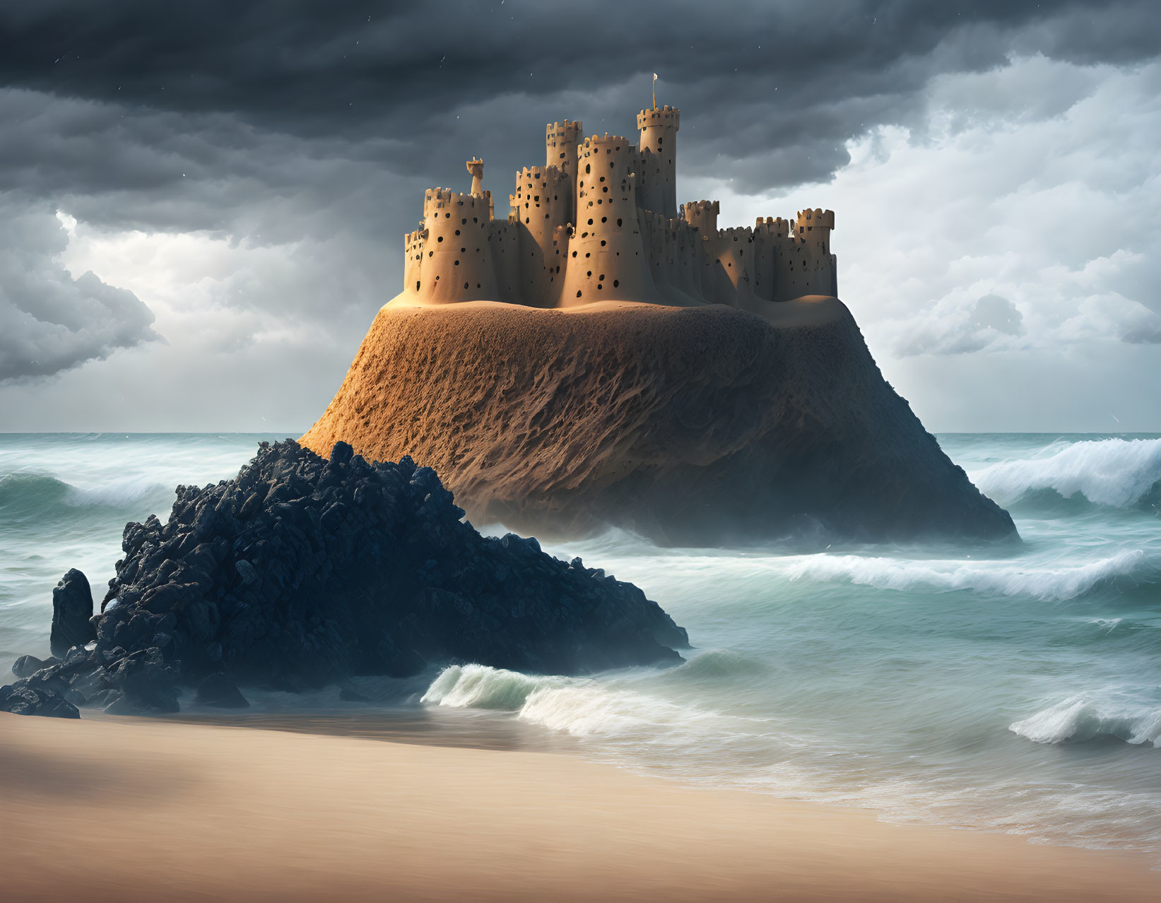 Majestic sand castle on hill with tumultuous sea and dramatic sky