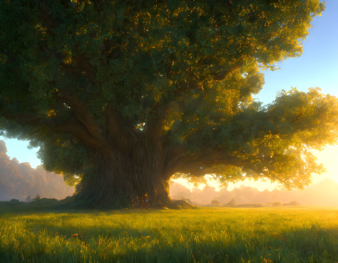 Majestic tree with thick trunk and lush foliage at sunrise