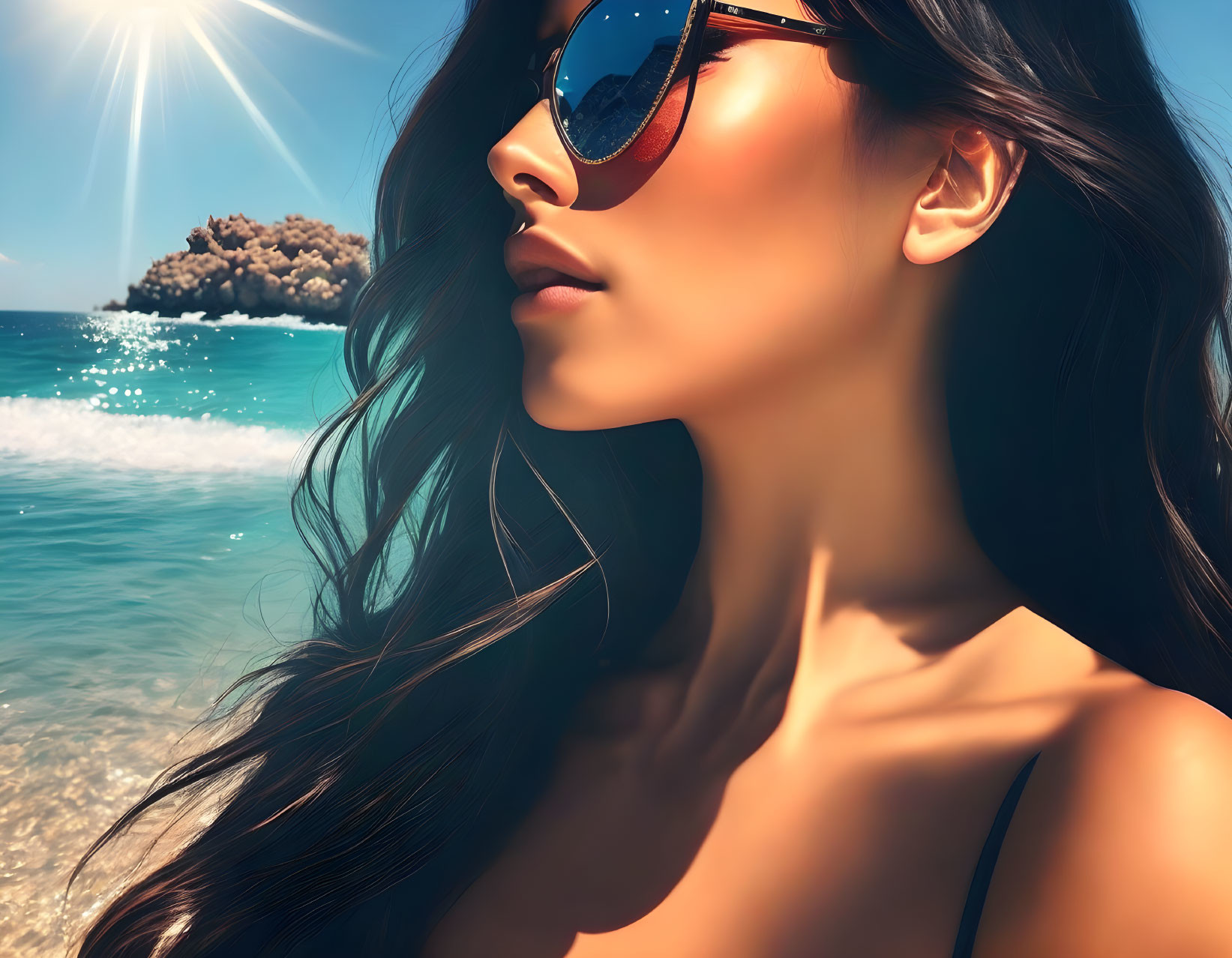 Woman with Long Hair in Sunglasses on Sunny Beach with Blue Water and Rocky Island
