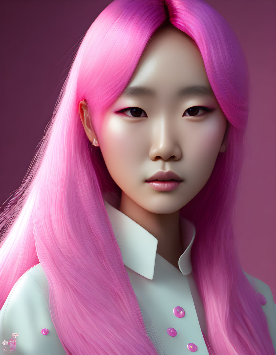 Vibrant pink-haired person in hyper-realistic digital art