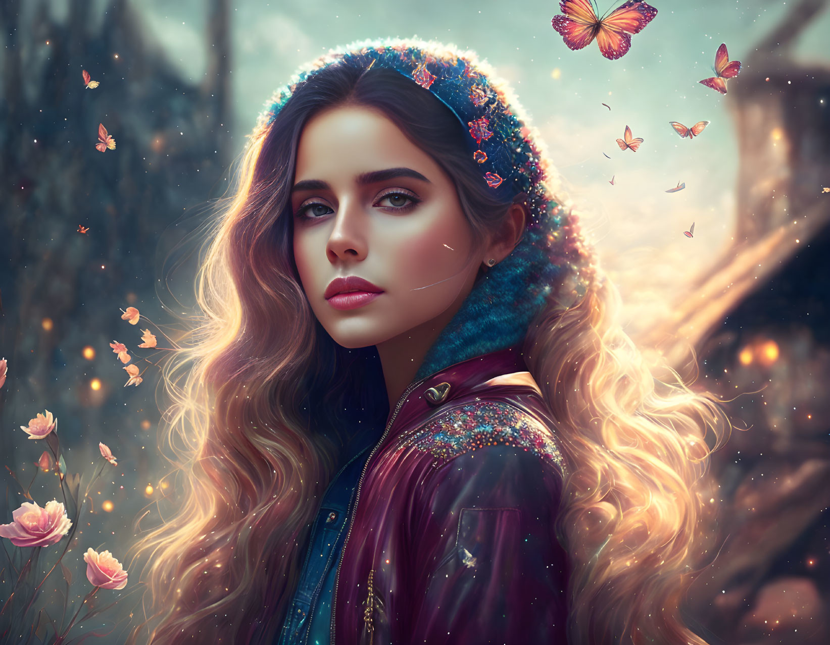 Curly-haired woman surrounded by butterflies in enchanted forest setting