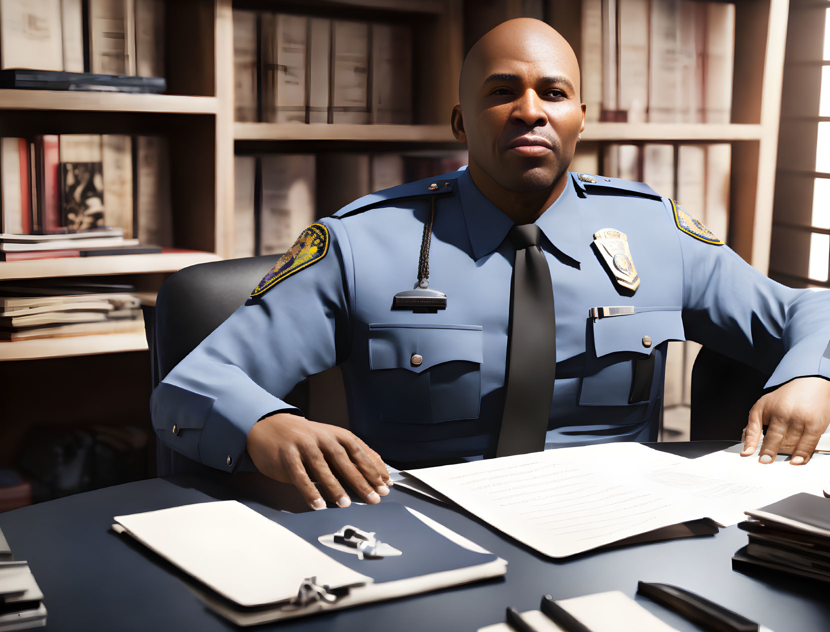 Police officer in uniform at desk with paperwork and bookshelves