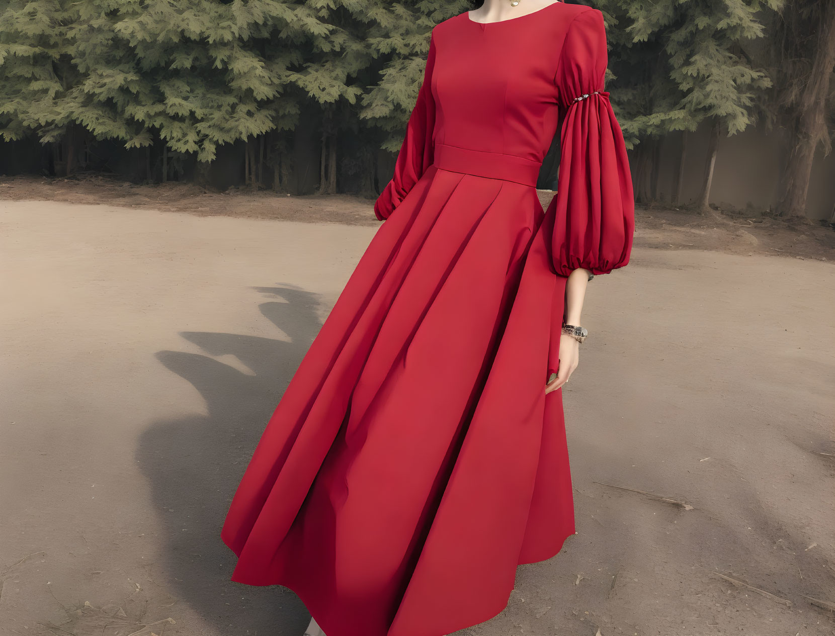 Person in Flowing Red Dress Outdoors with Trees