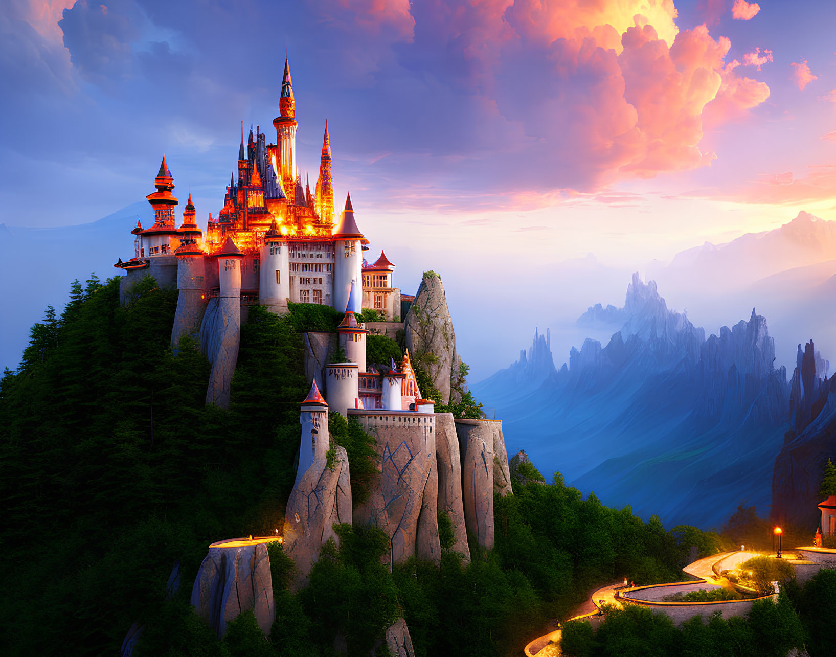 Illuminated fantasy castle on rugged cliffs at twilight