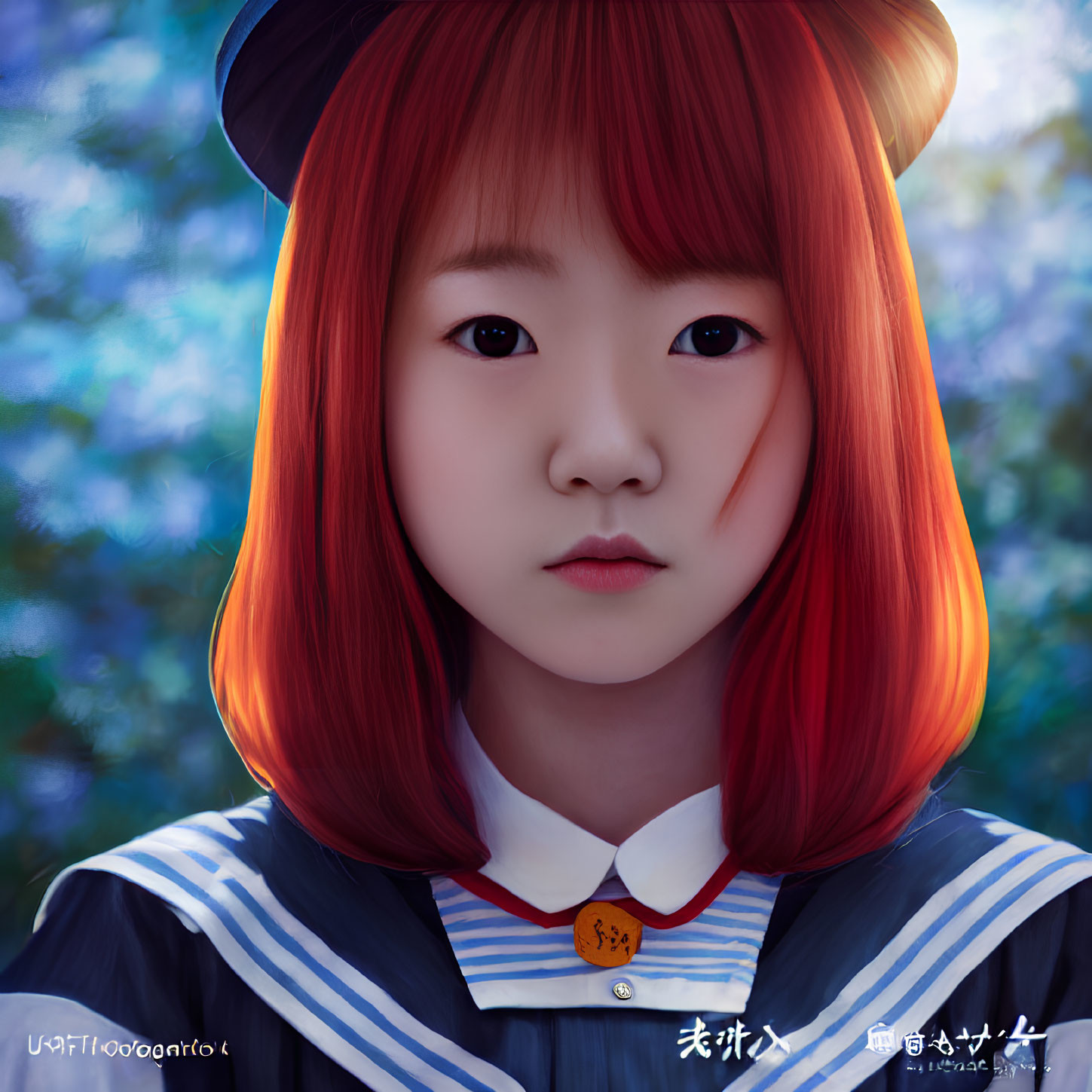 Red-haired girl in sailor school uniform on blue floral backdrop