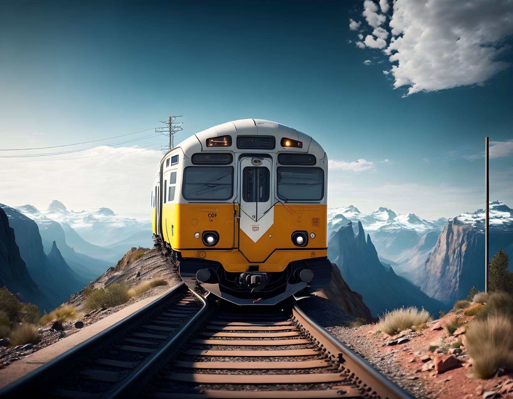 Yellow train on tracks in dramatic mountain landscape.