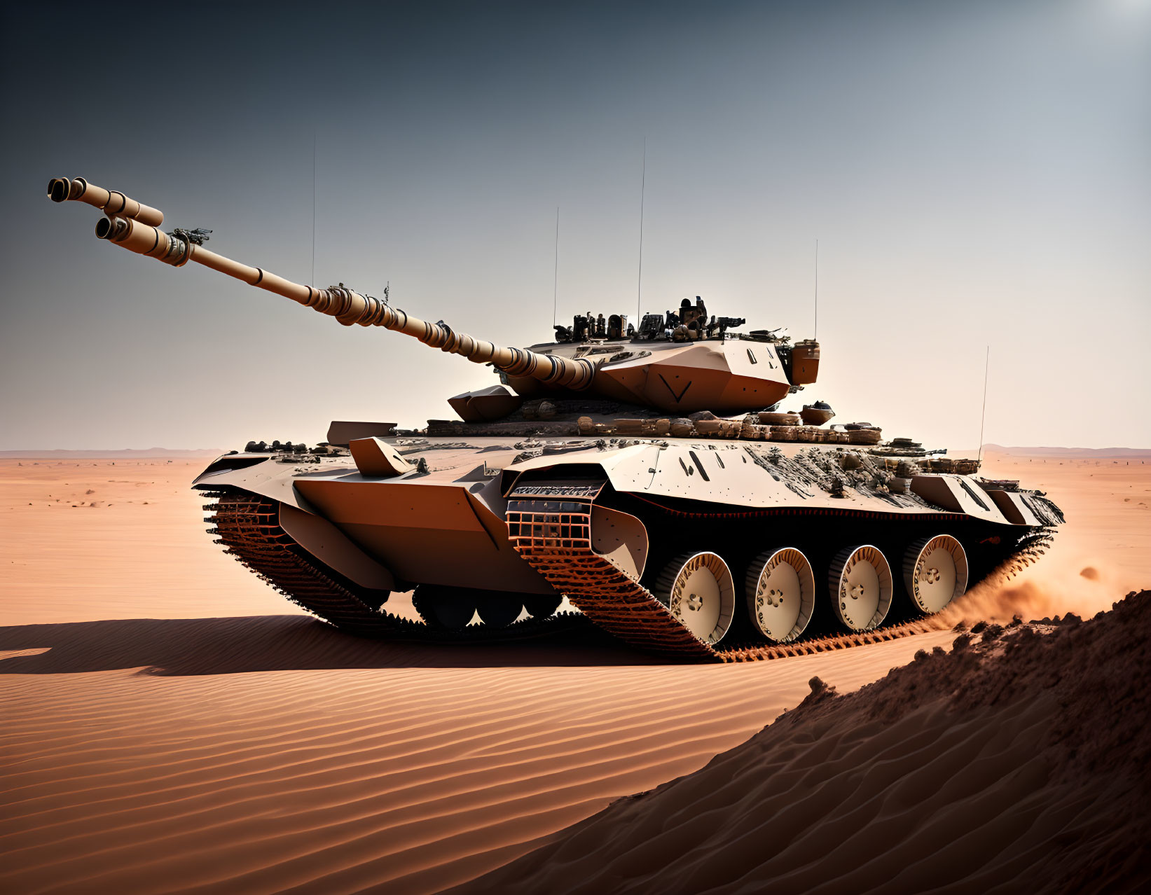 Advanced armored tank in futuristic desert setting