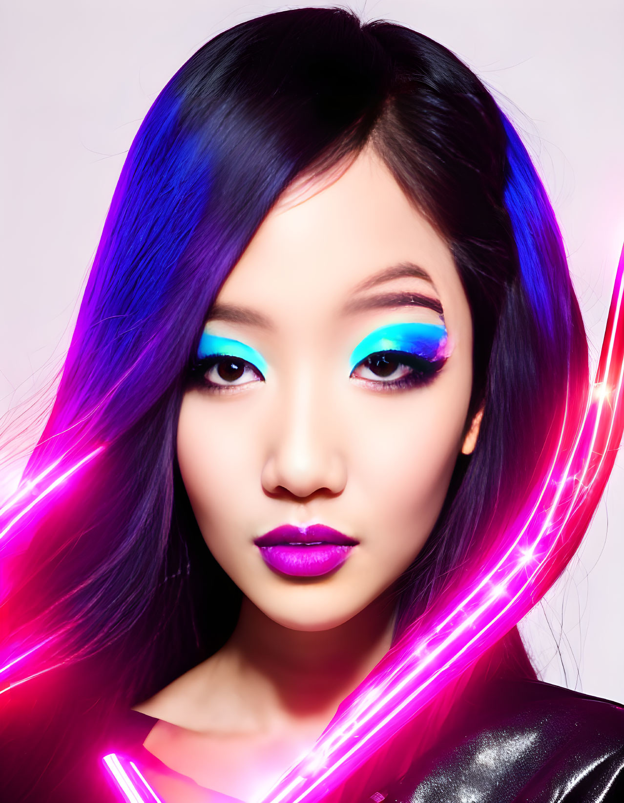 Woman with Bright Blue Eyeshadow and Purple Lipstick in Neon Pink Light Streaks