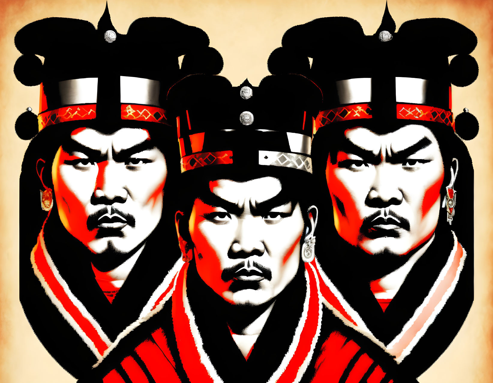 Three stylized Asian warriors in traditional attire on yellow background