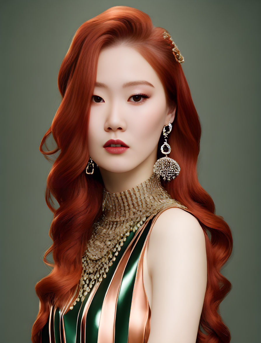 Red-haired woman in glamorous makeup and ornate jewelry on green background