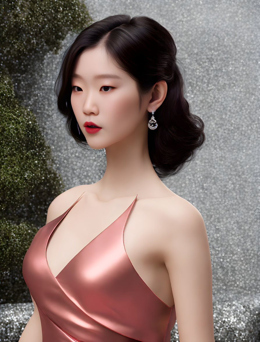 Sophisticated woman in rose gold dress with diamond earrings on silver backdrop