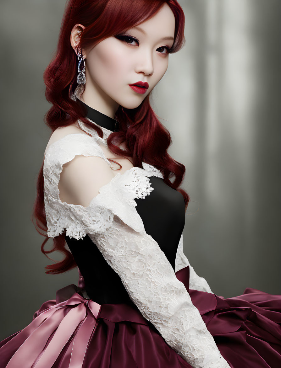 Stylized portrait of woman with red hair in black top and pink skirt