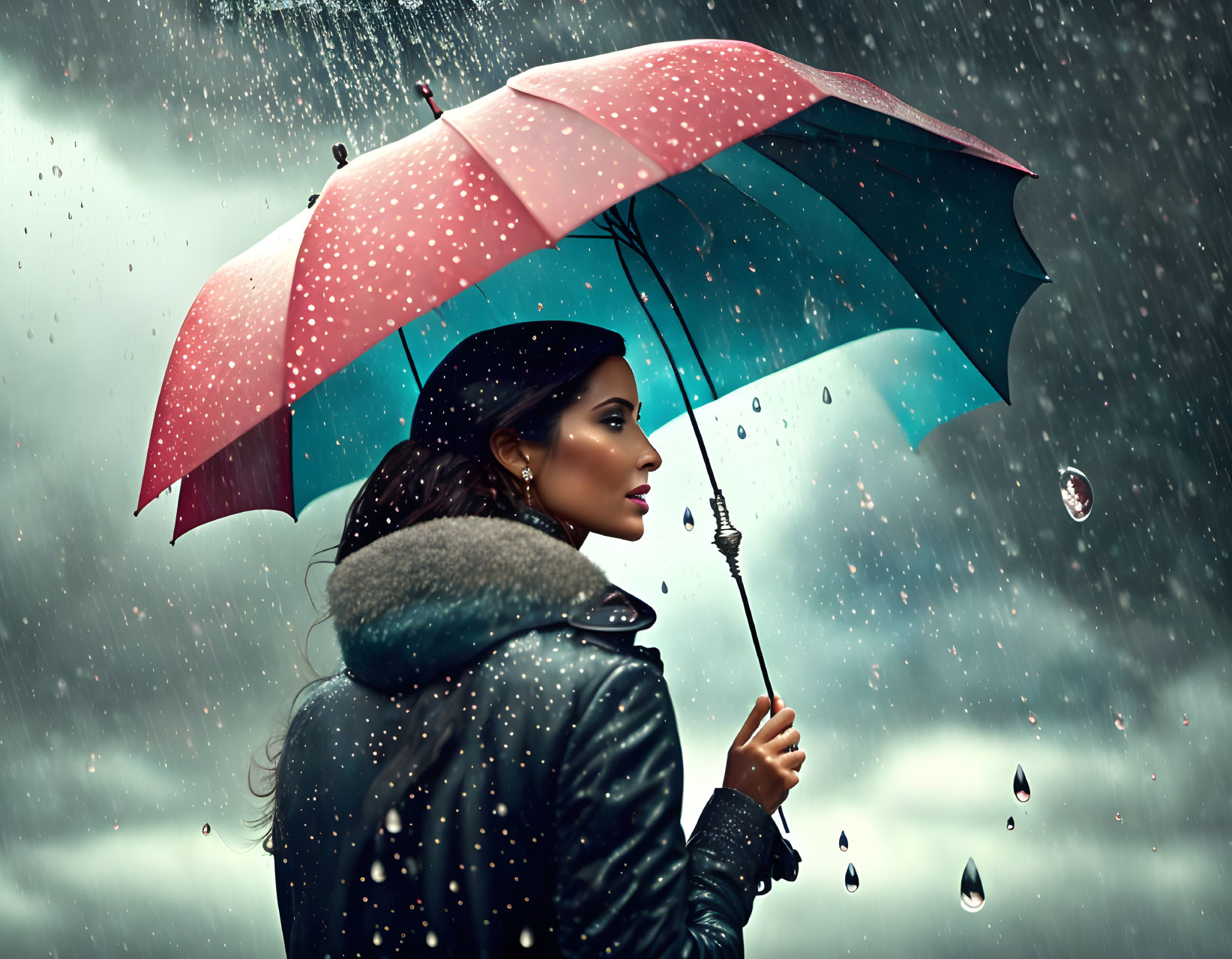 Colorful umbrella-wielding woman in the rain with water droplets