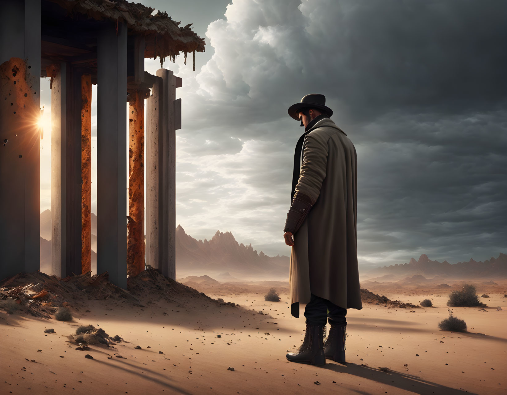 Lonely figure in trench coat and hat among desert ruins under dramatic sky