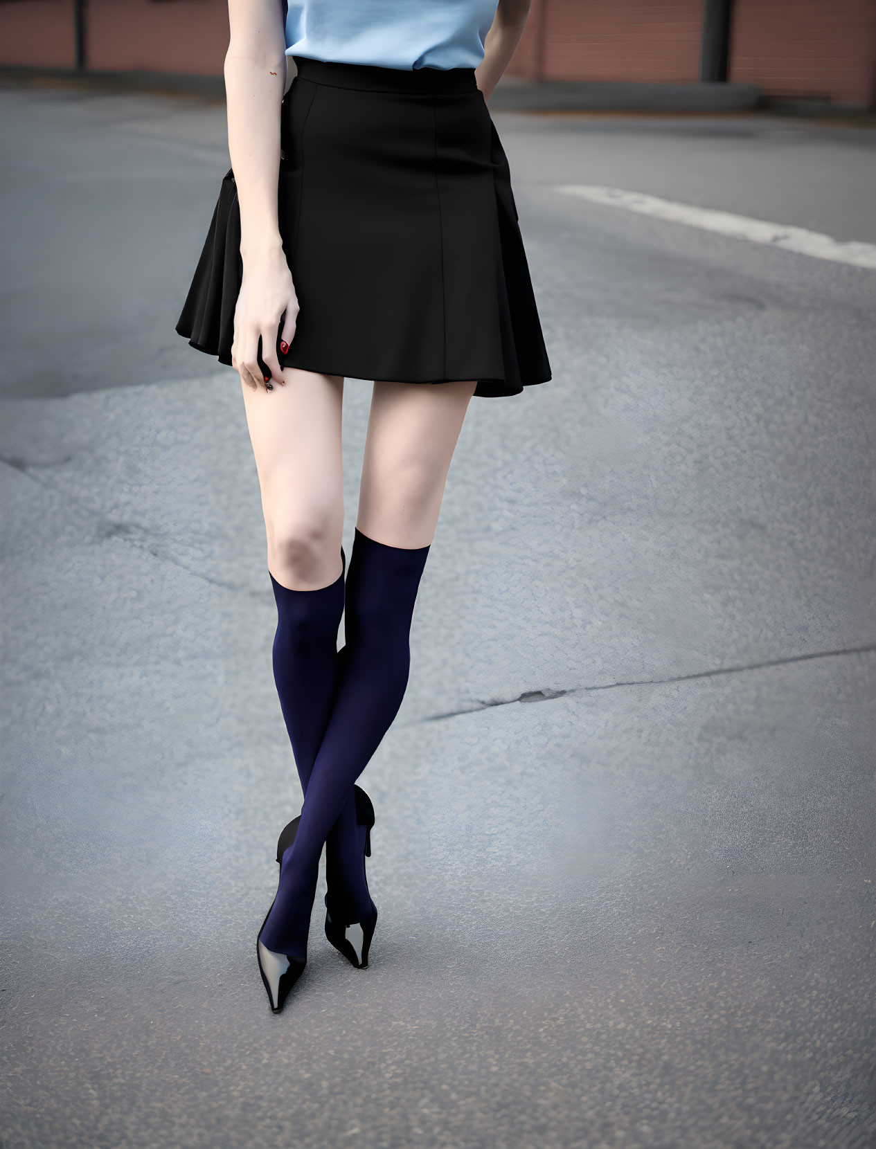 Person in Black Pleated Skirt and Blue Socks on Asphalt Road