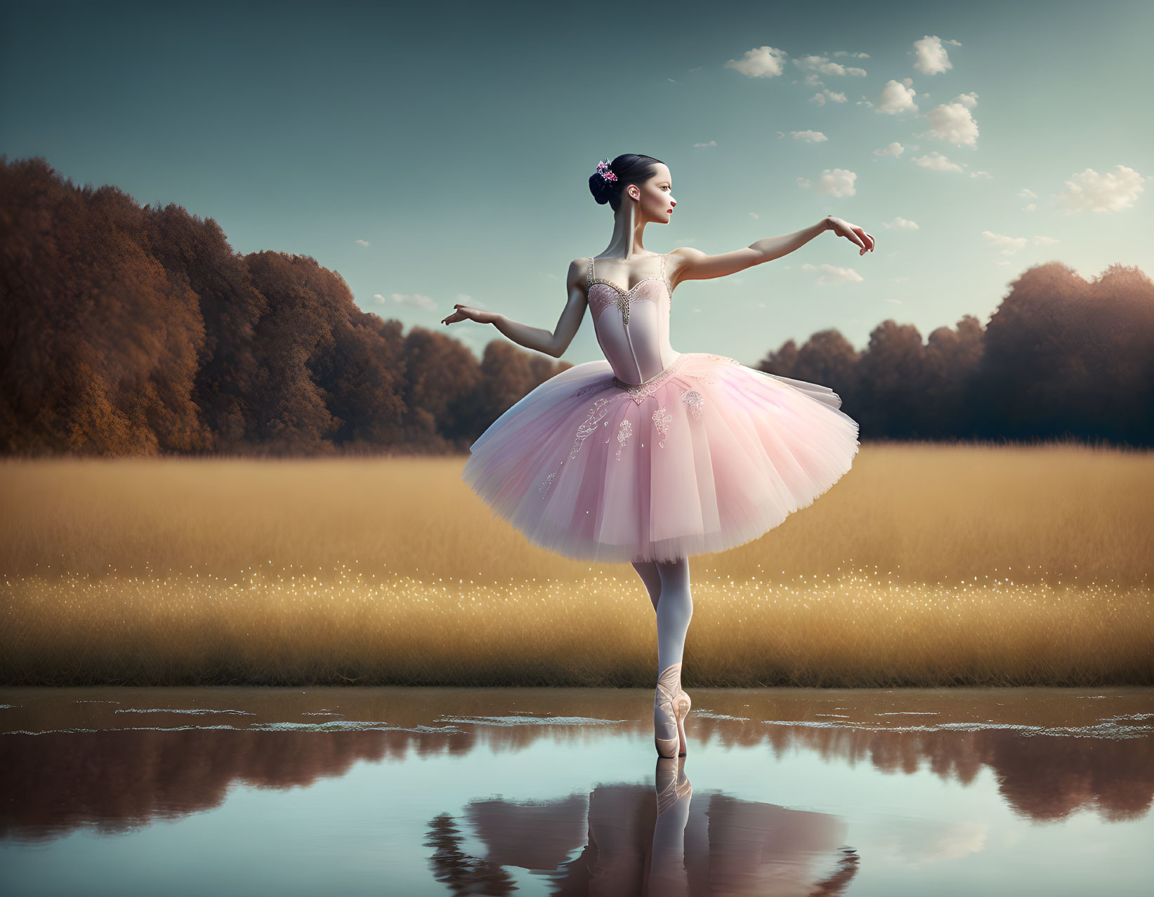 Ballerina in pink tutu poses by reflective water in golden field