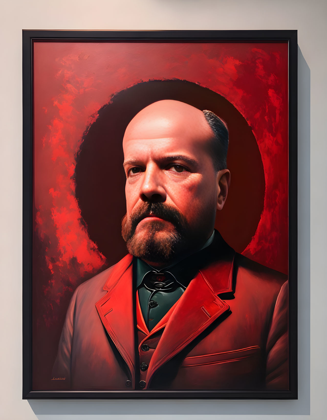 Portrait of balding man in red suit with beard against dark red background