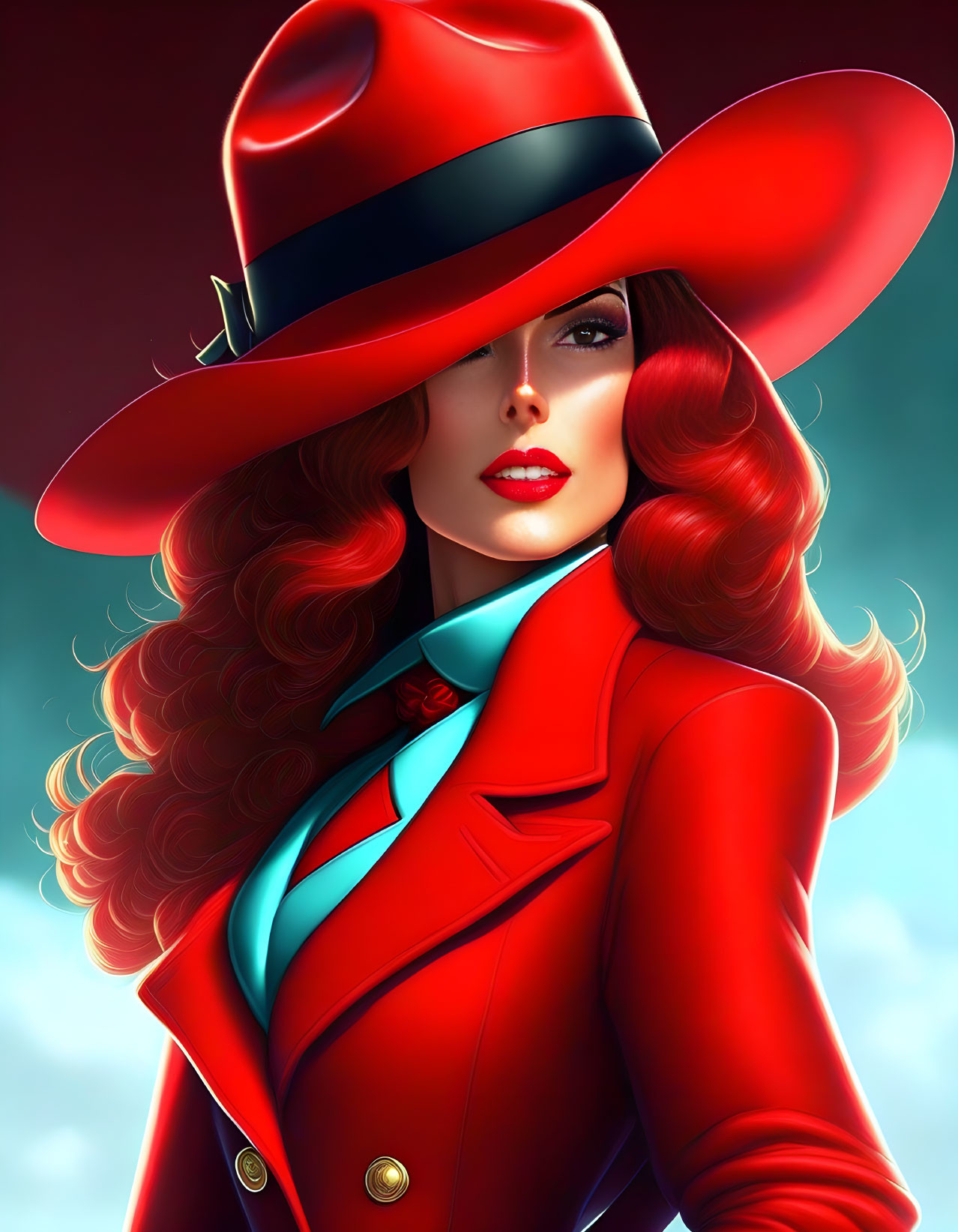 Stylized illustration of woman with red hair in red hat and coat