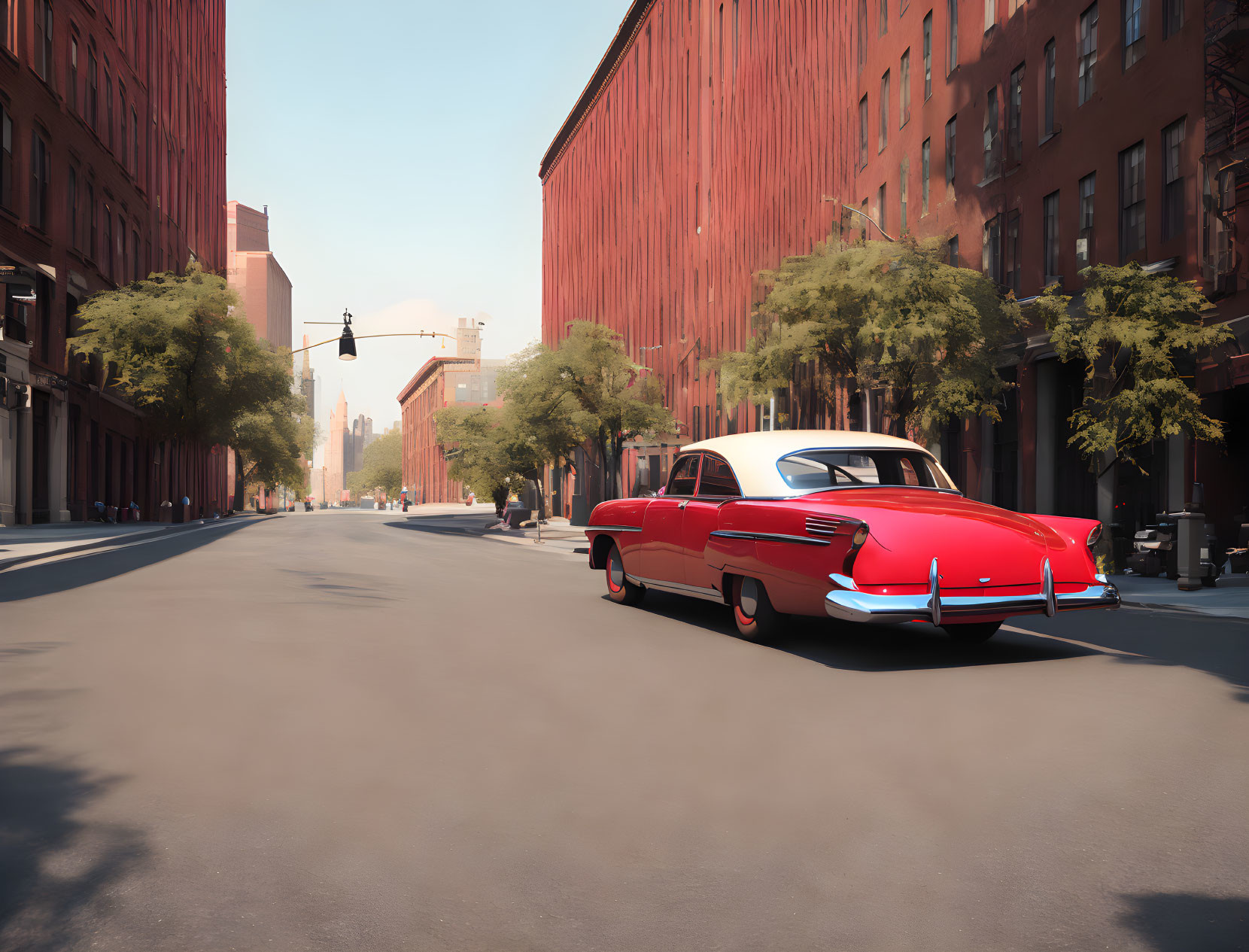 Vintage Red Car Parked on Empty City Street with Trees and Red Brick Buildings