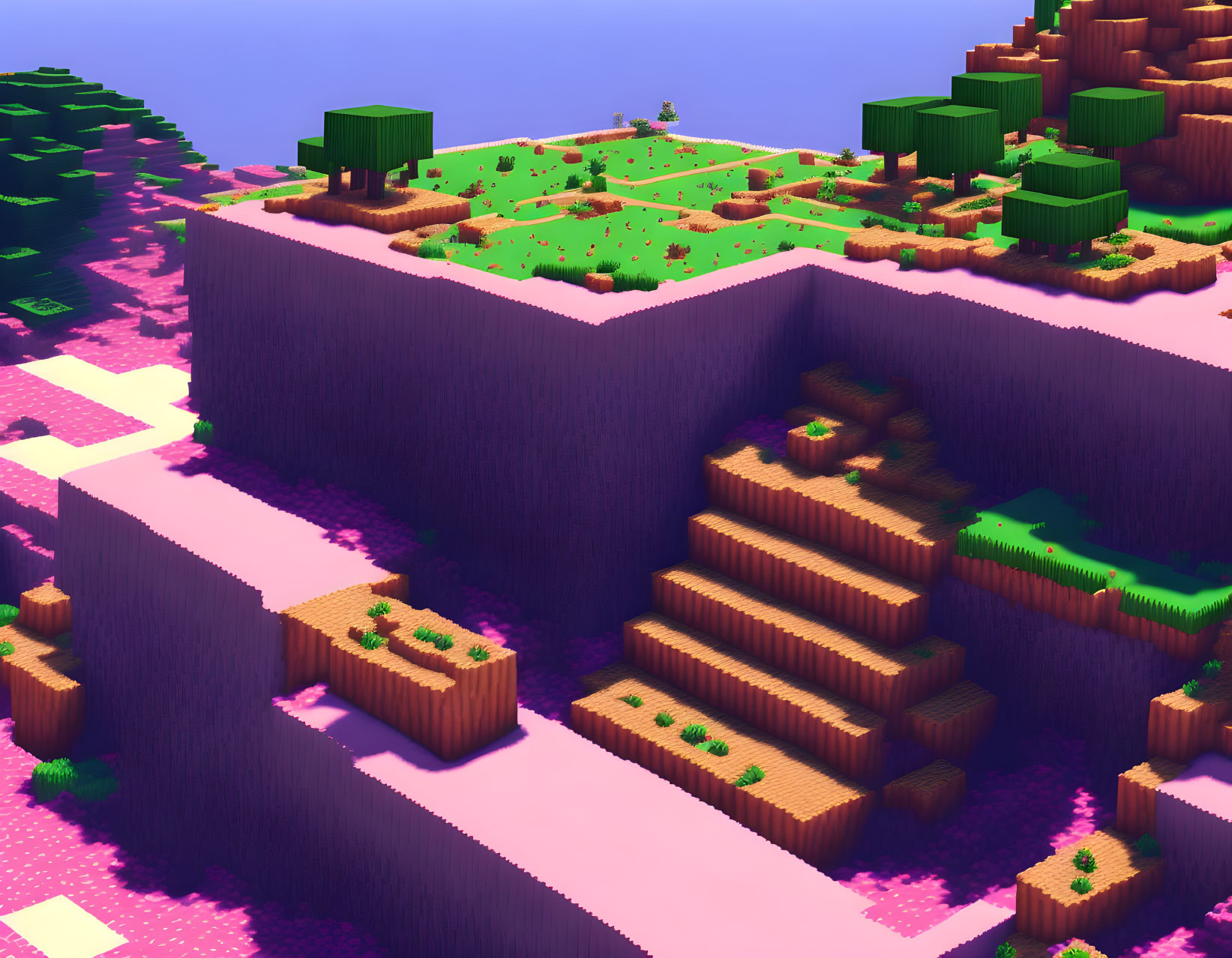 Detailed Voxel Landscape with Pink Underground and Green Surface