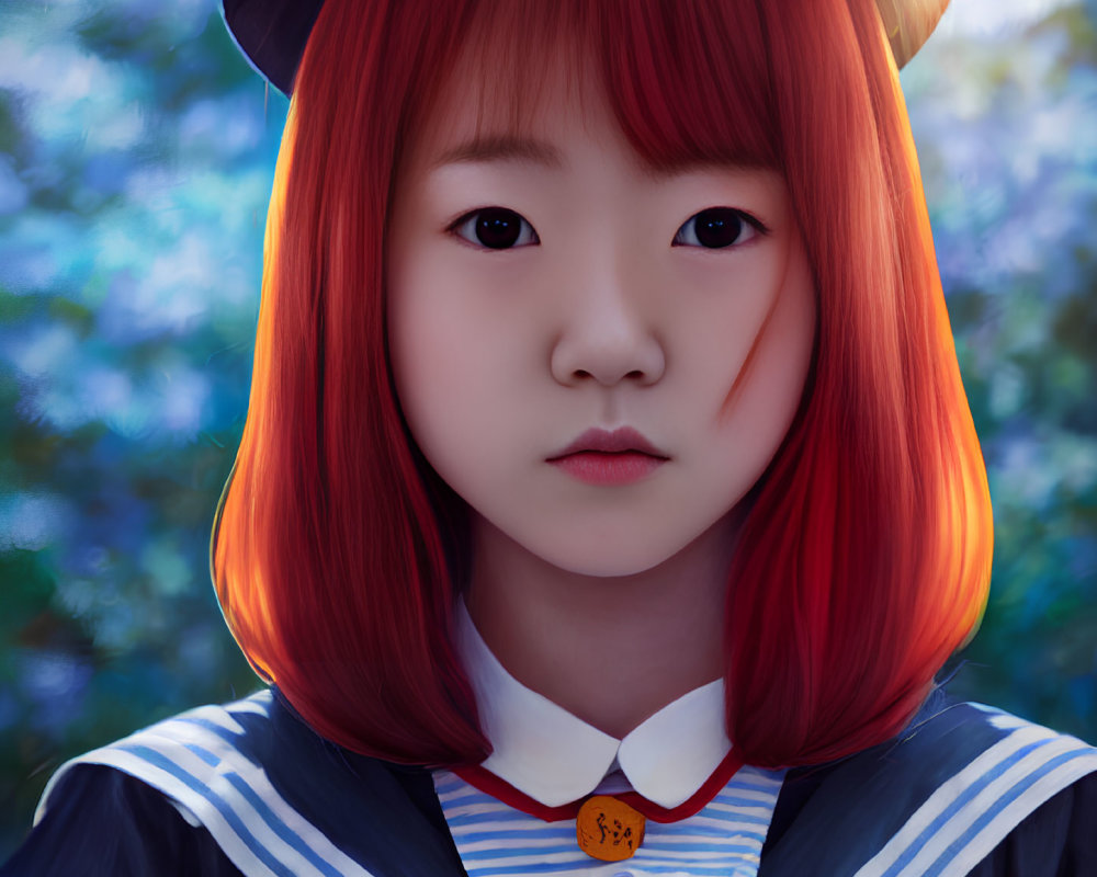 Red-haired girl in sailor school uniform on blue floral backdrop