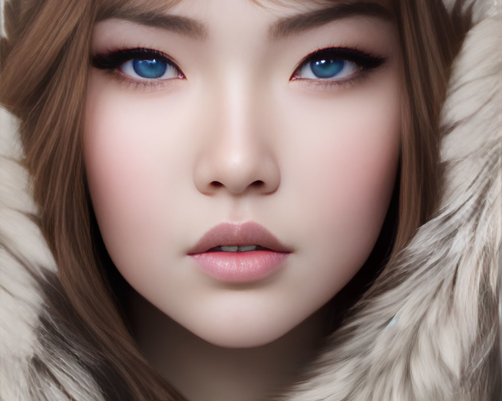 Close-up portrait of woman with blue eyes in white fur-trimmed hooded garment