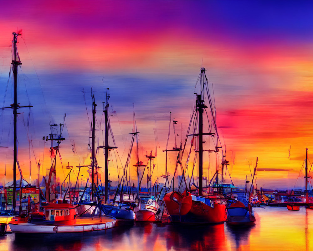 Colorful digital artwork: Boats in marina at sunset with multicolored sky reflecting on water