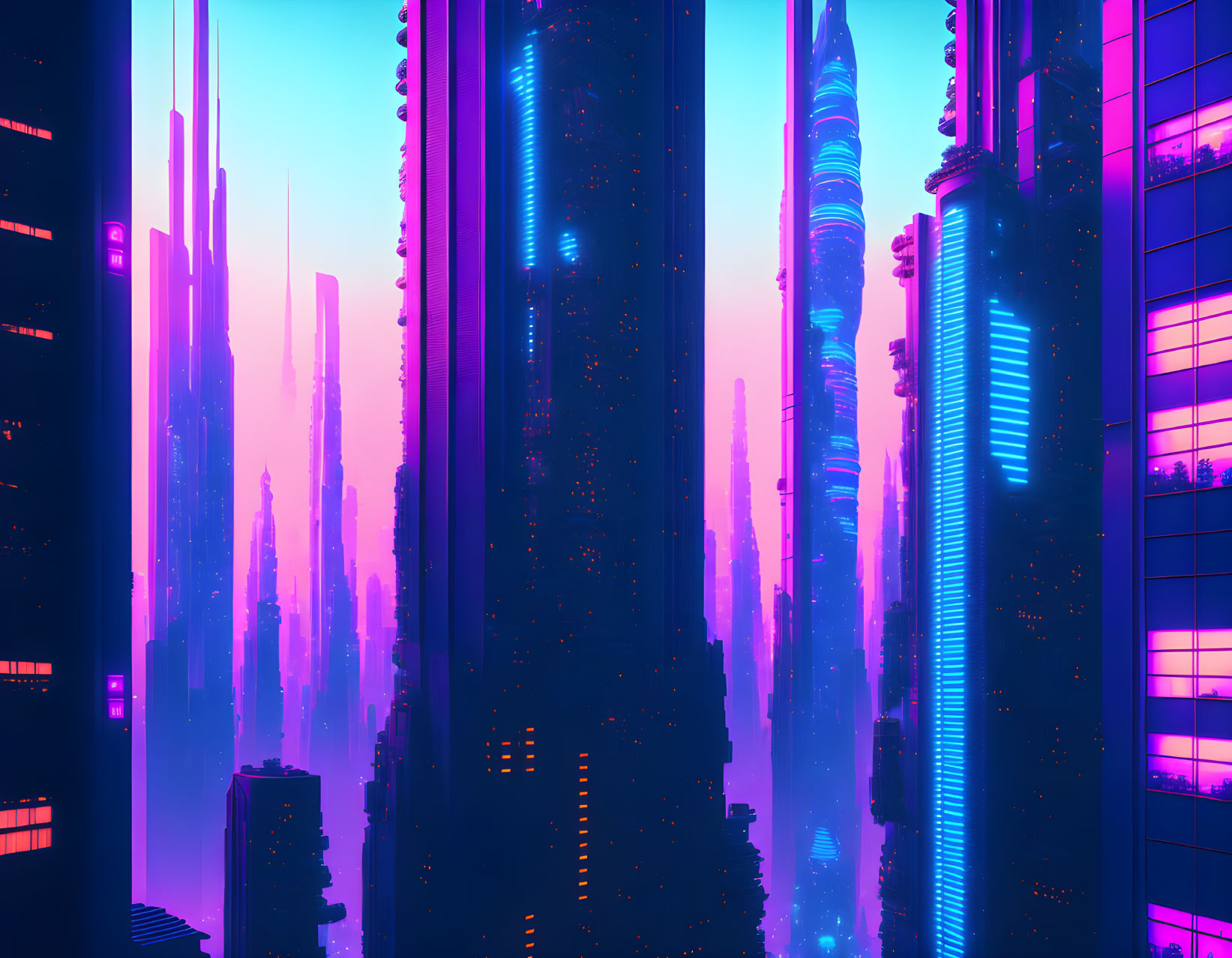 Neon-lit cyberpunk cityscape with towering skyscrapers at dusk