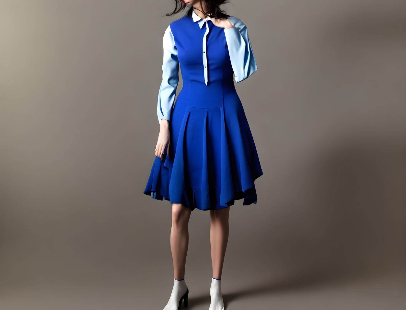 Woman in Blue Pleated Dress and White Boots Poses Stylishly