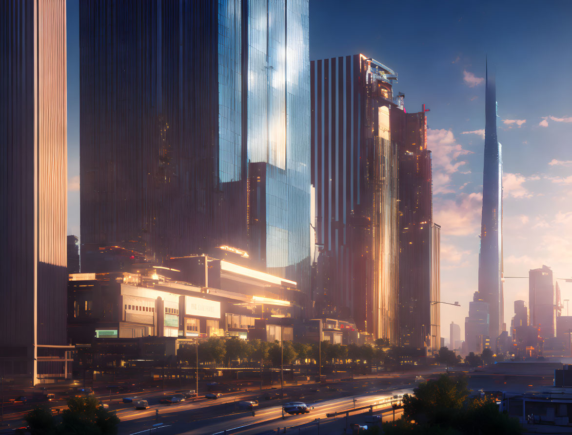 Futuristic cityscape at sunset with towering skyscrapers and busy streets